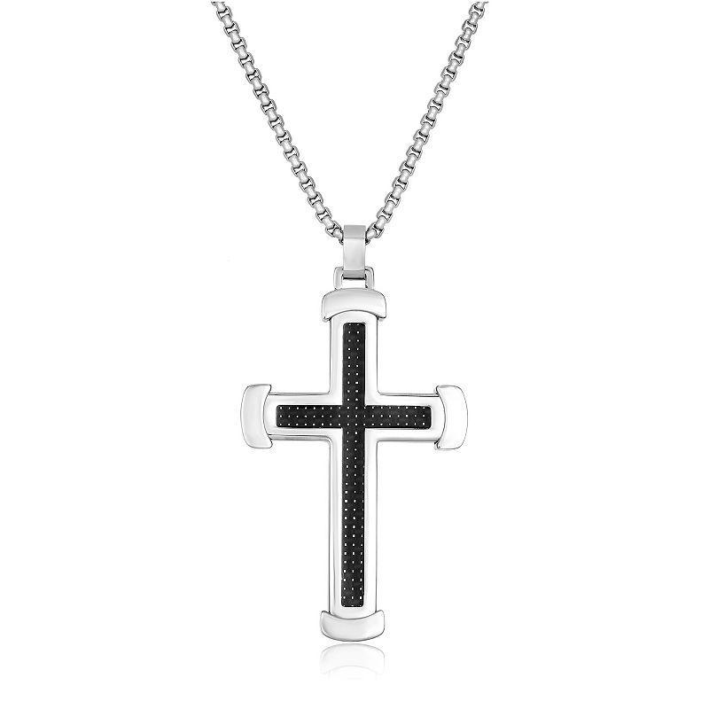 Mens LYNX Stainless Steel Carbon Fiber Cross Pendant Necklace Two Tone Product Image