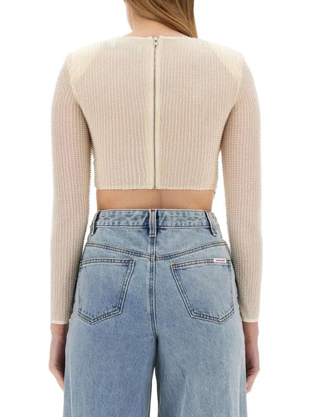 Beaded Mesh Crossover Strap Cropped Top In Beige Product Image