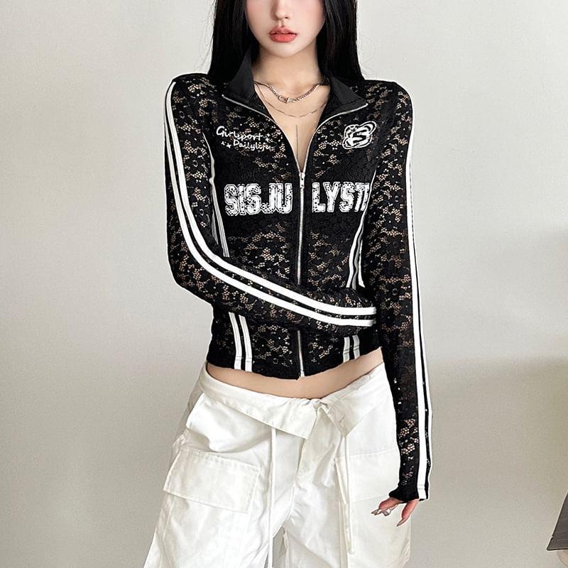 Stand Collar Lettering Print Striped Lace Zip Jacket Product Image