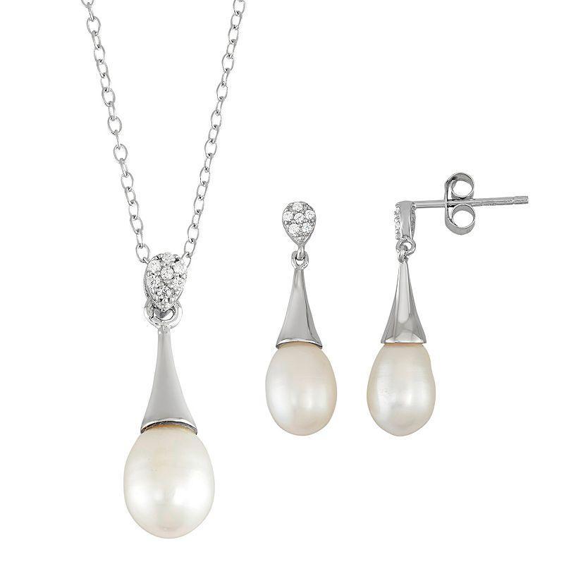 Sterling Silver Freshwater Cultured Pearl Pendant & Drop Earring Set, Womens White Product Image