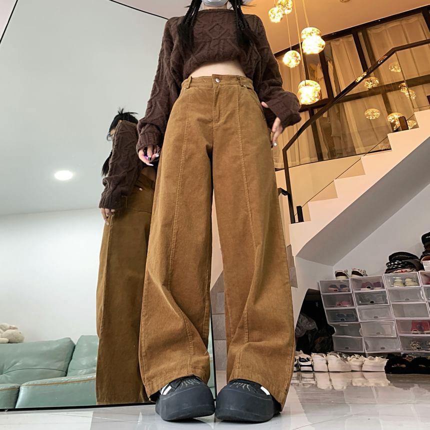 High Rise Plain Corduroy Loose Fit Pants Product Image