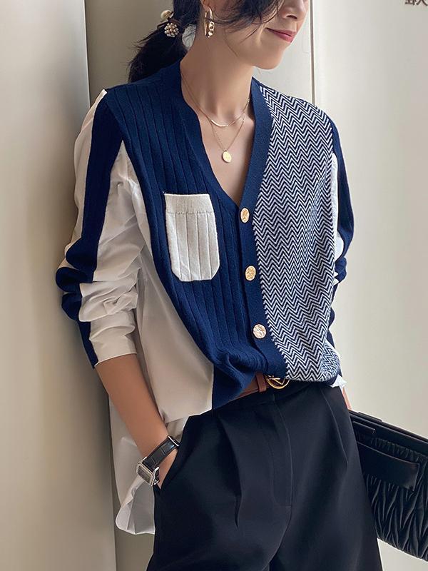 Urban Long Sleeves Contrast Color Split-Joint V-Neck Cardigan Tops Product Image