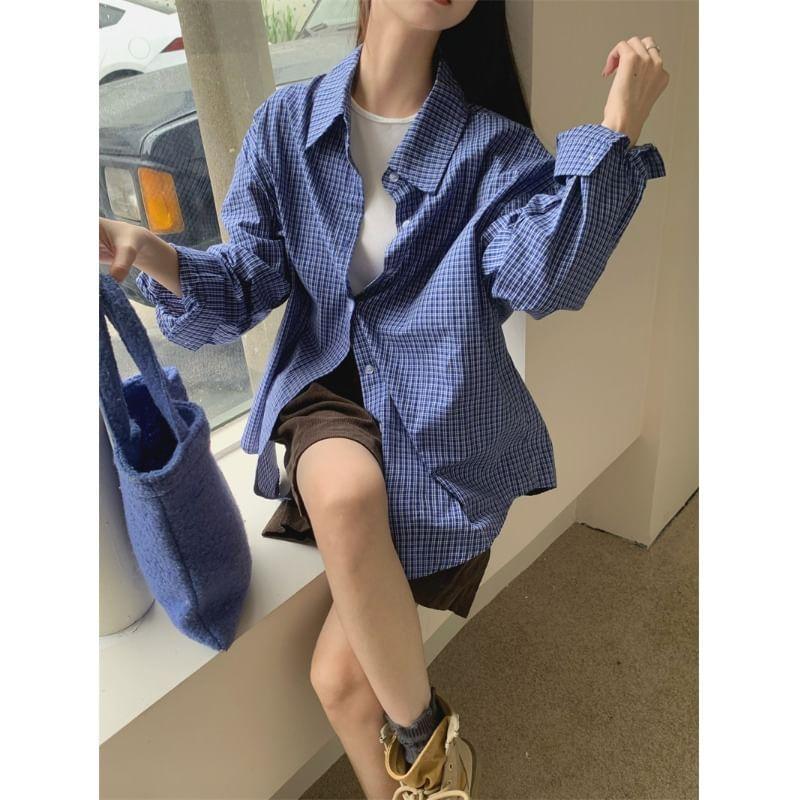 Stand Collar Plain Button-Up Trench Coat / Long-Sleeve Plaid Shirt Product Image