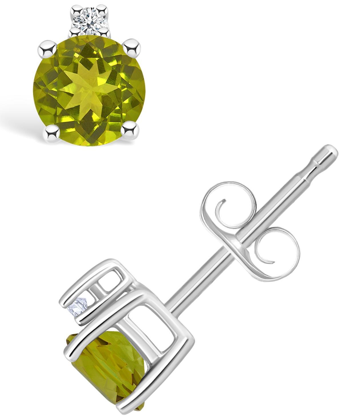 14k White Gold 4 mm Round Birthstone & 1/10 Carat T.W. Diamond Stud Earrings, Womens, Peridot Aug Product Image