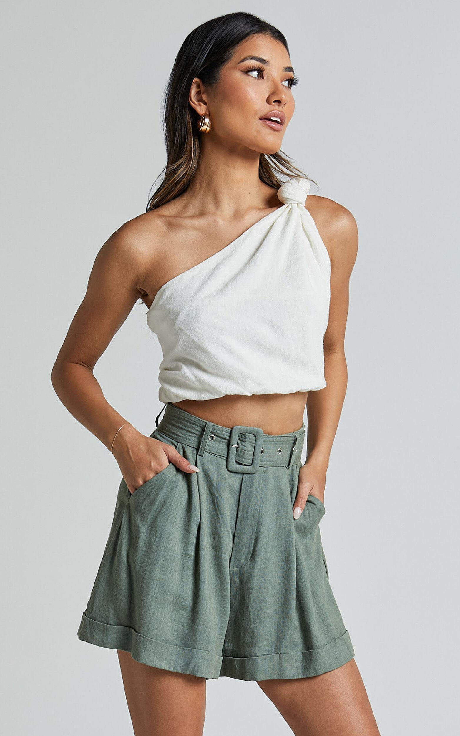 Lerose Pleated Shorts - Linen Look Belted High Waisted Shorts in Sage Product Image