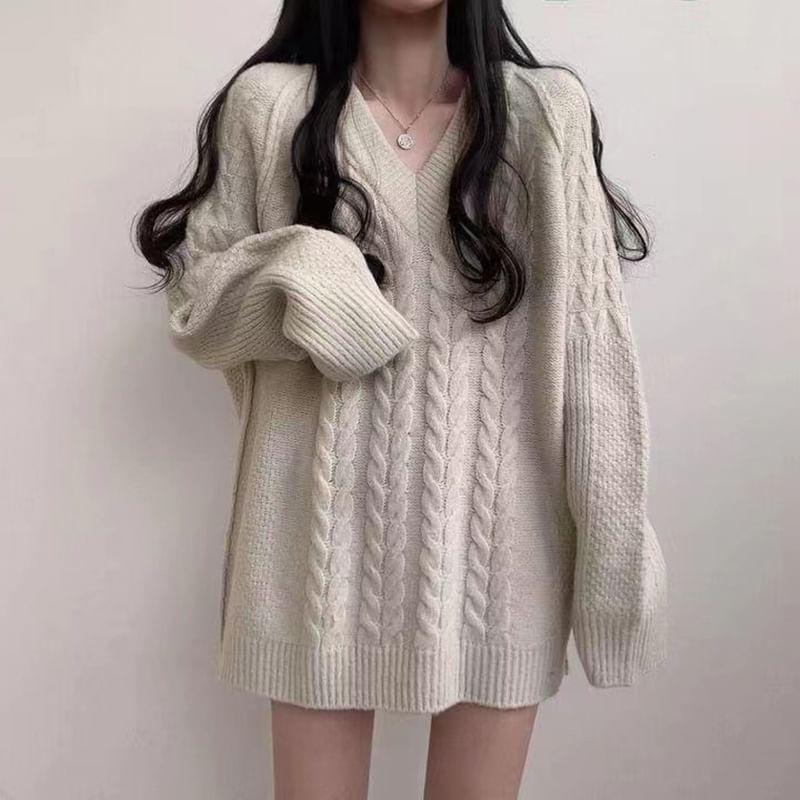 V-Neck Plain Cable Knit Oversized Sweater Product Image