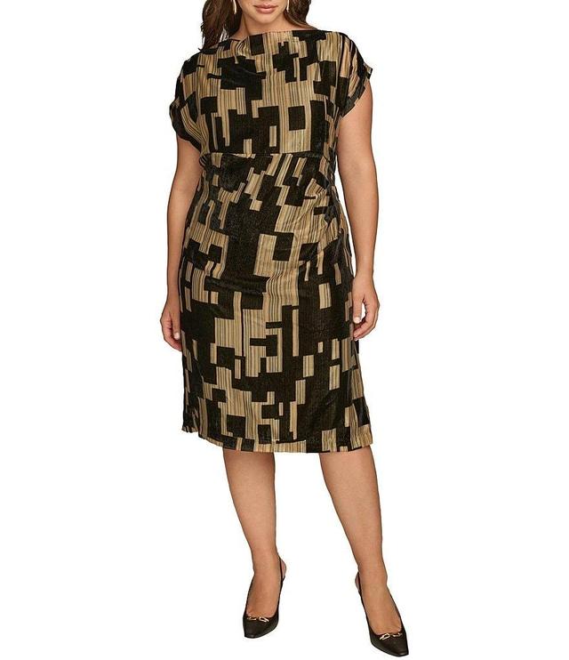 Donna Karan Plus Size Metallic Velvet Boat Neck Short Sleeve Sheath Dress Product Image