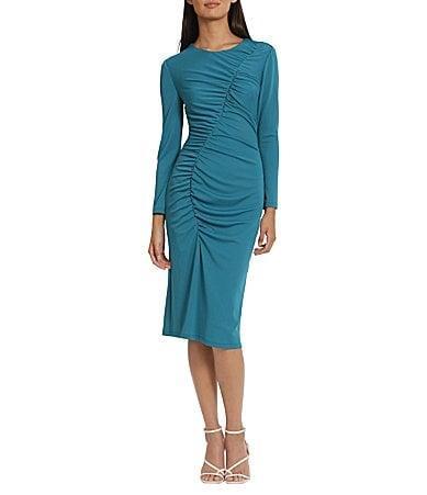 Donna Morgan Womens Round-Neck Curved-Ruched Dress Product Image