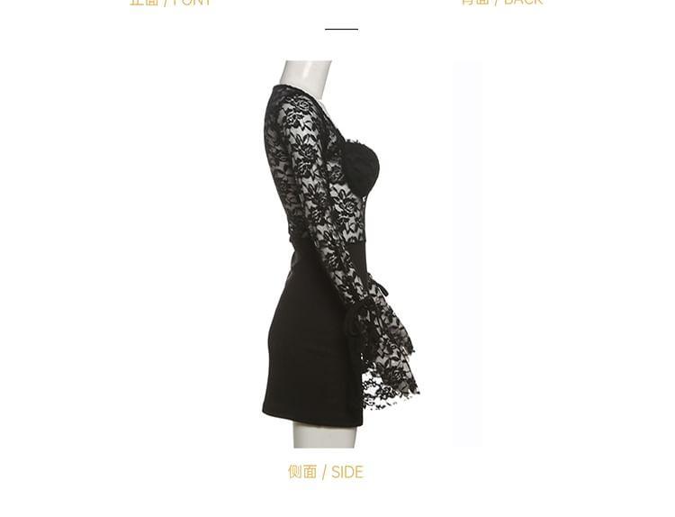 Flared-Sleeve Plain Lace Panel Mini Bodycon Dress Product Image