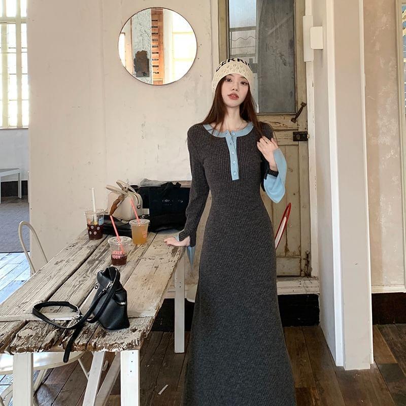 Long-Sleeve Crewneck Two Tone Knit Maxi Sheath Dress Product Image