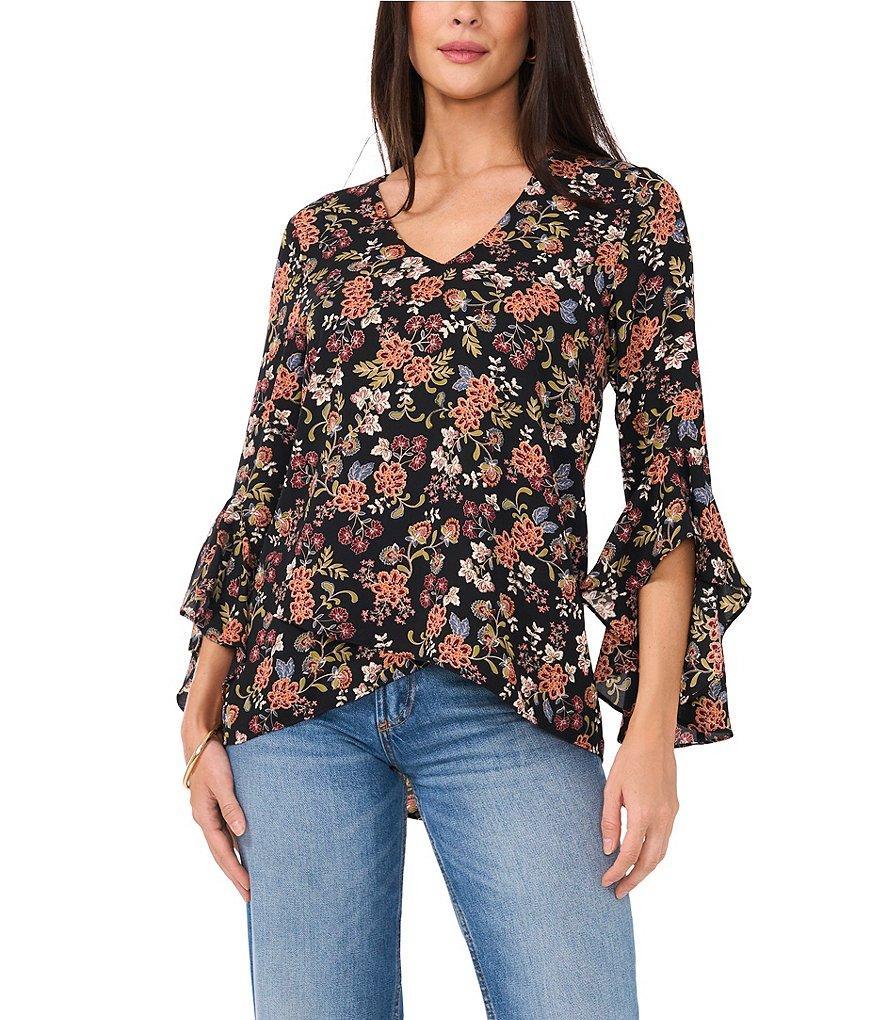 Vince Camuto Ditsy Floral Woven Georgette V-Neck 3/4 Flutter Sleeve SharkBite Blouse product image