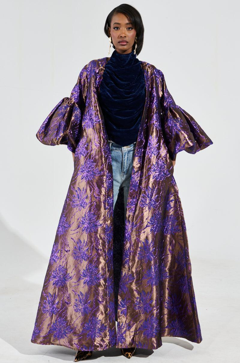 MALDIVES BROCADE PUFF SLEEVE DUSTER IN PURPLE Product Image