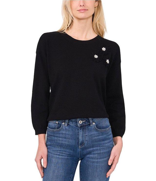 CeCe Flower Embroidery Pearl Long Sleeve Sweater Product Image