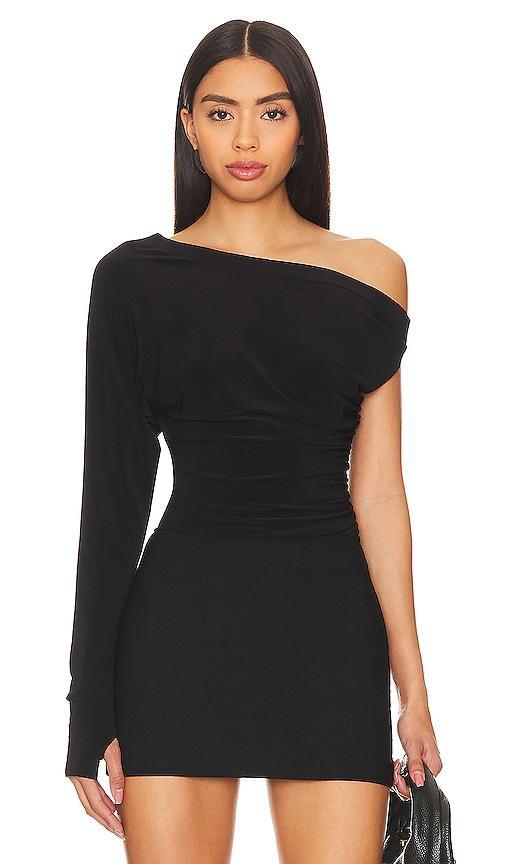 Norma Kamali One Sleeve Drop Shoulder Side Drape Top Black. (also in M, S, XL). Product Image