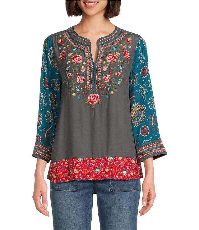 John Mark Petite Size Woven Embroidered Floral Print Y Neck 3/4 Sleeve Pullover Tunic Product Image