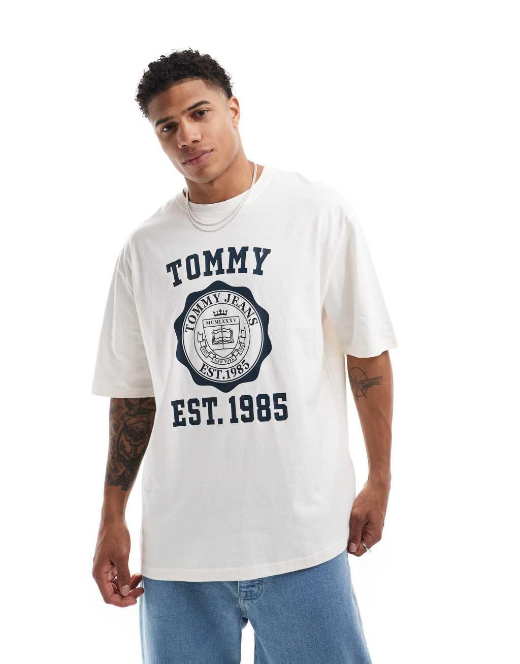 Tommy Jeans oversized crest varsity sports T-shirt in white Product Image