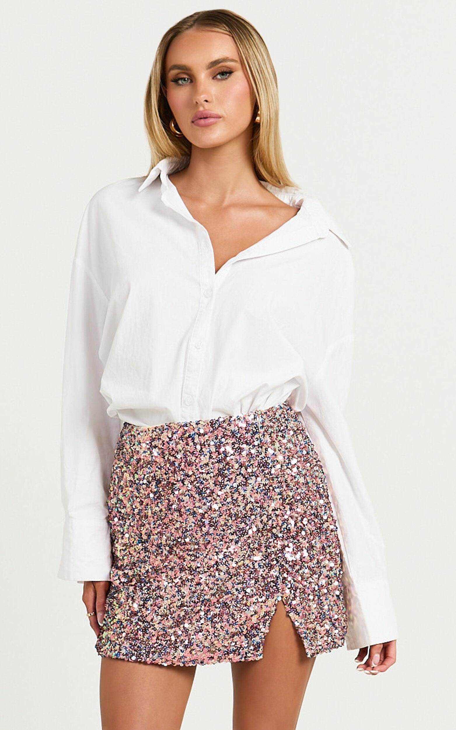 Ingrid Mini Skirt - Sequin Skirt in Pink Multi Product Image