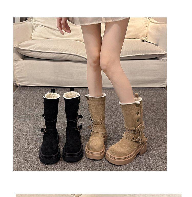 Faux Fur Buckled Mid Calf  Boots Product Image