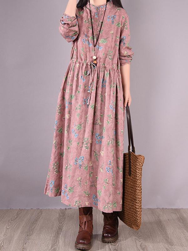 Vintage Floral Printed Ramie Cotton Loose Midi Dress Product Image