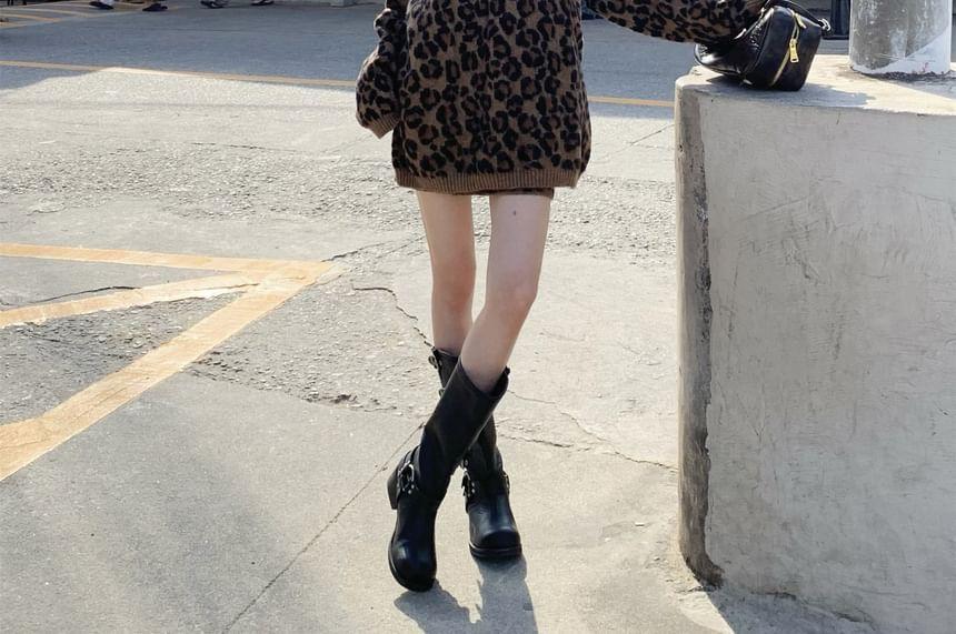 Crew Neck Leopard Print Sweater / High Waist Knit Mini Pencil Skirt Product Image