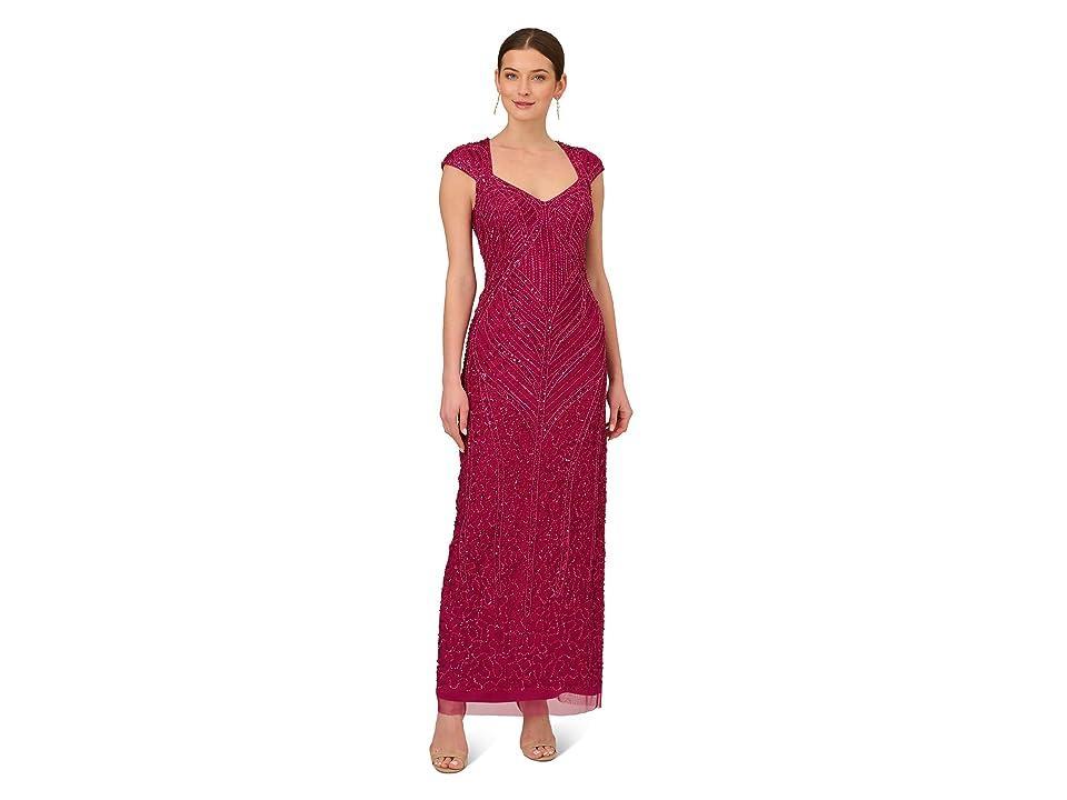 Adrianna Papell Cap Sleeve Beaded Mod Column Gown with Sweetheart Neckline (Magenta) Women's Clothing Product Image