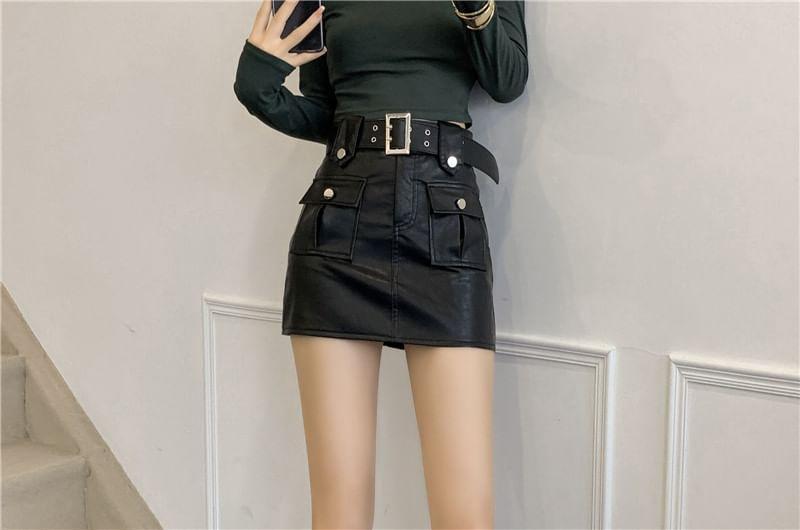 High Waist Plain Faux Leather Mini Pencil Skirt Product Image