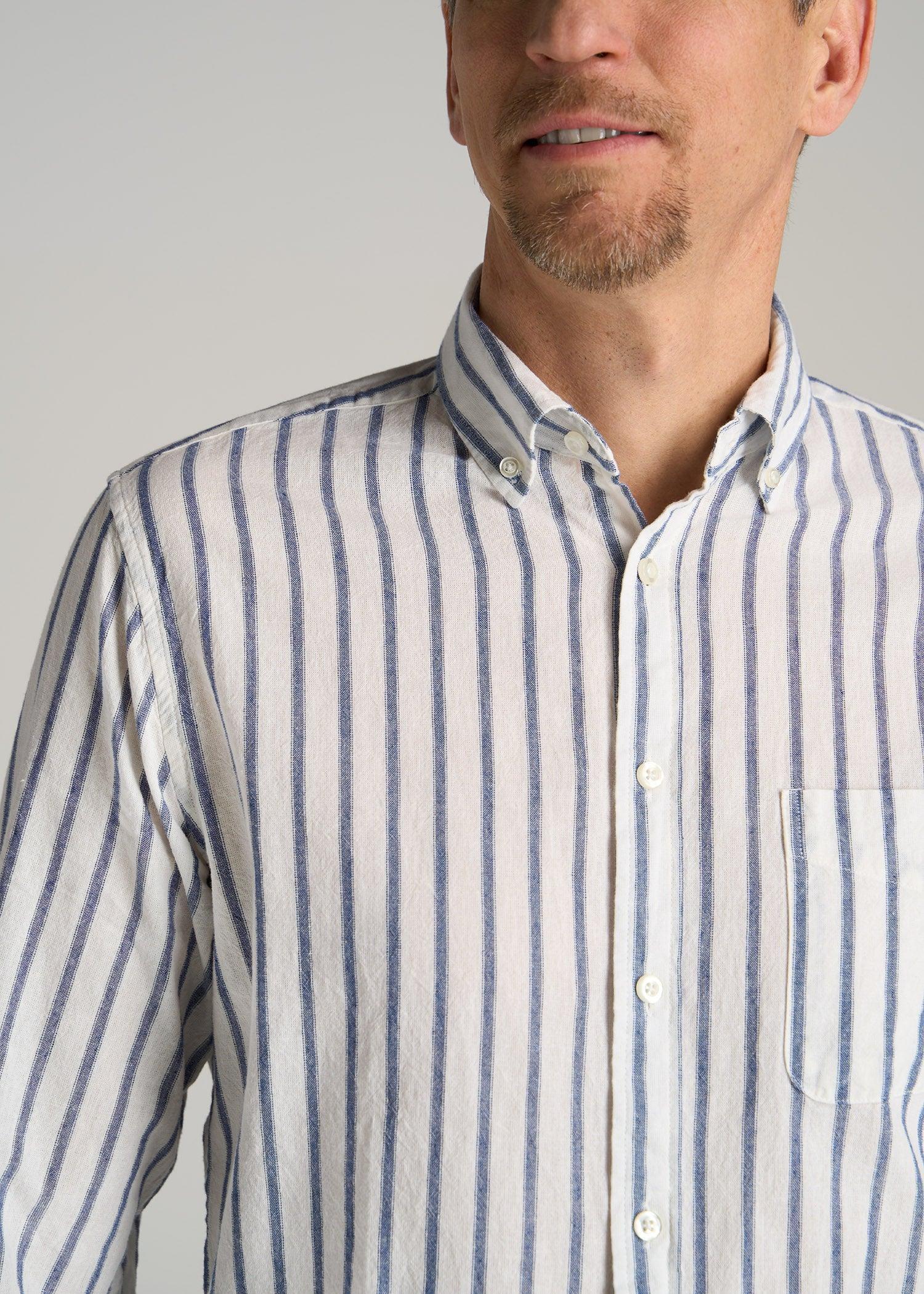 Linen Long Sleeve Shirt for Tall Men in Navy Stripe Product Image