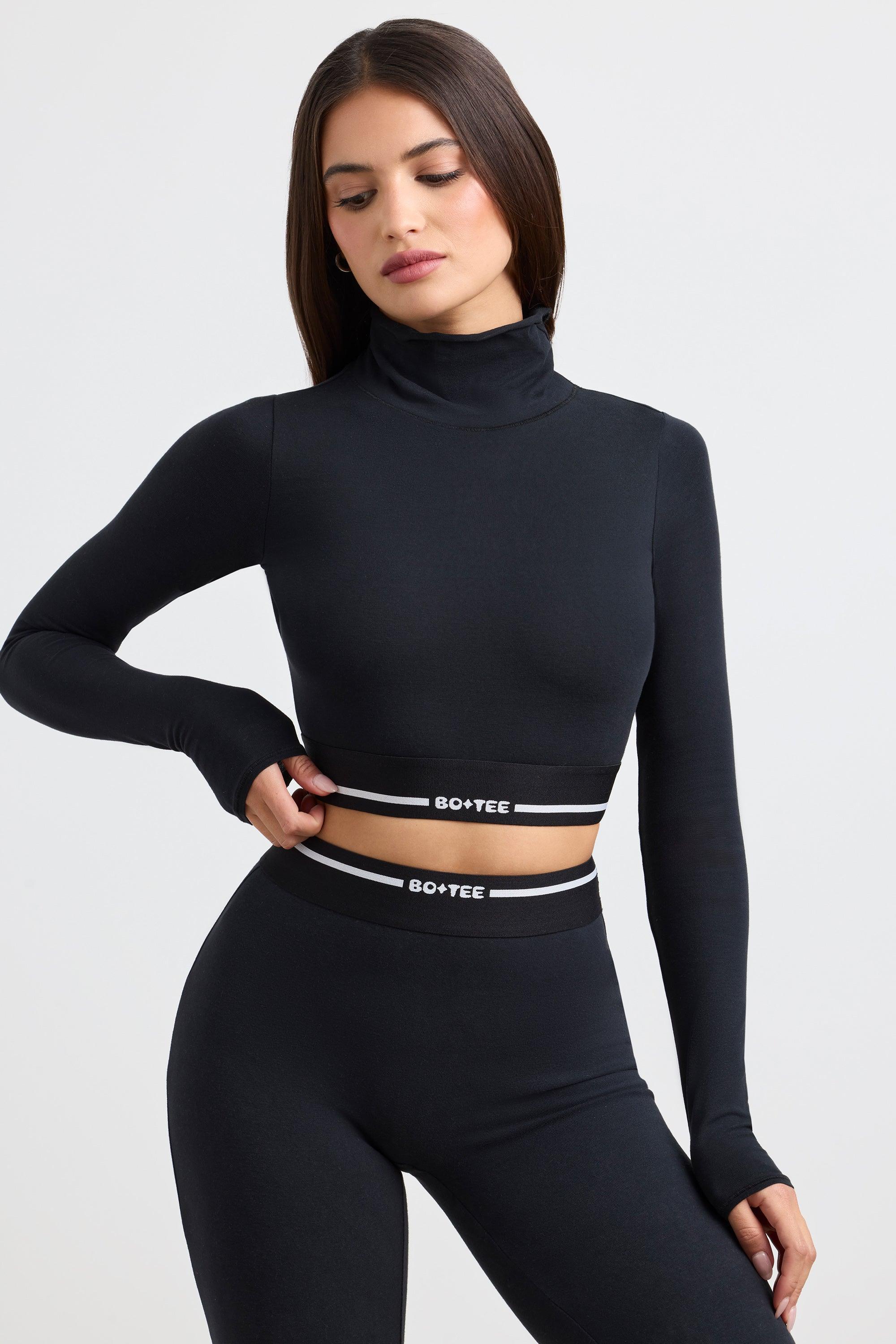 Turtleneck Backless Long-Sleeve Crop Top in Black Product Image