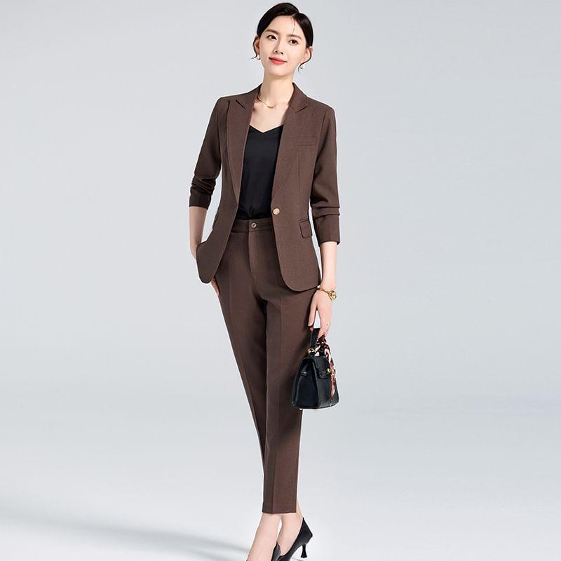 Set: Lapel Collar Plain Single Breasted Blazer + Mid Waist Plain Slacks Product Image