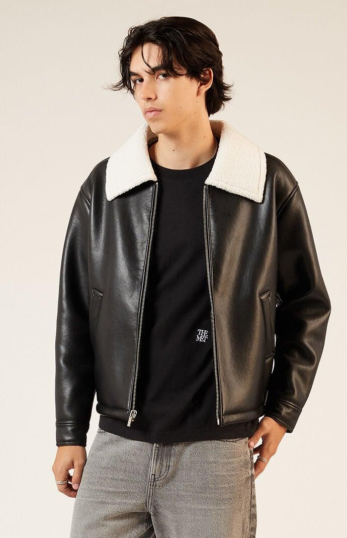 Men's Sherpa Collar Faux Leather Jacket Product Image