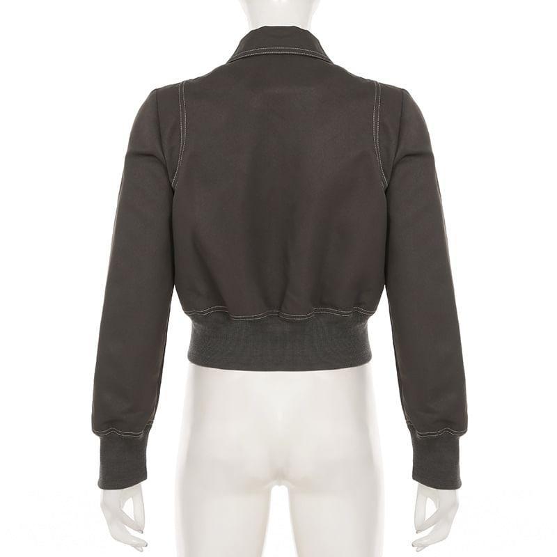 Collared Plain Zip Up Crop Jacket Product Image