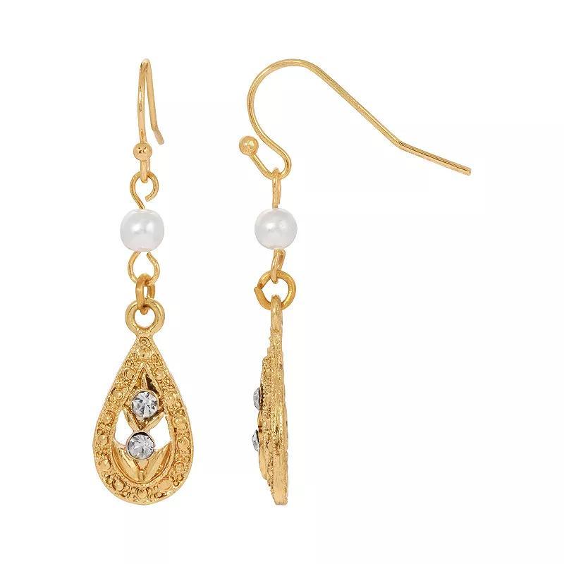 1928 Gold Tone Crystal & Simulated Pearl Linear Teardrop Earrings, Womens, White Product Image