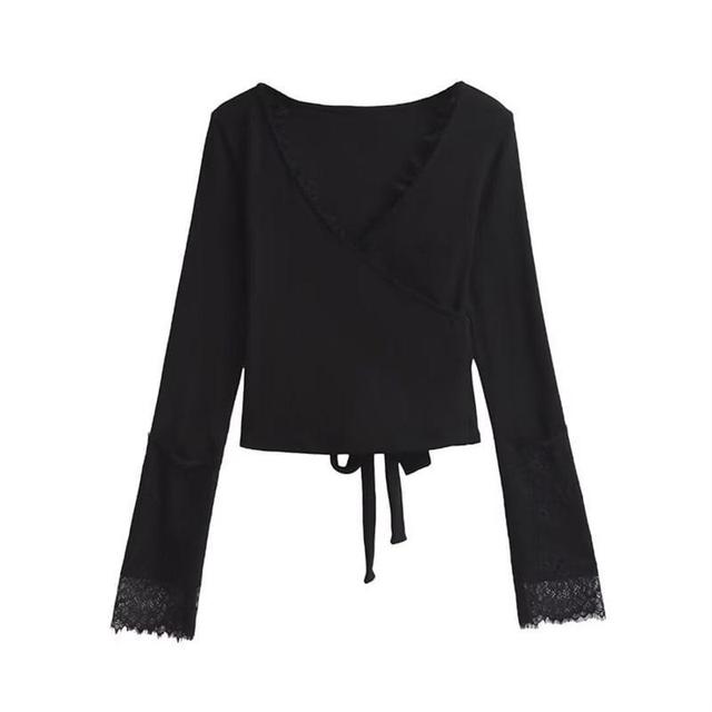 Long Sleeve V-Neck Plain Tie-Up Panel Lace Wrap Top Product Image