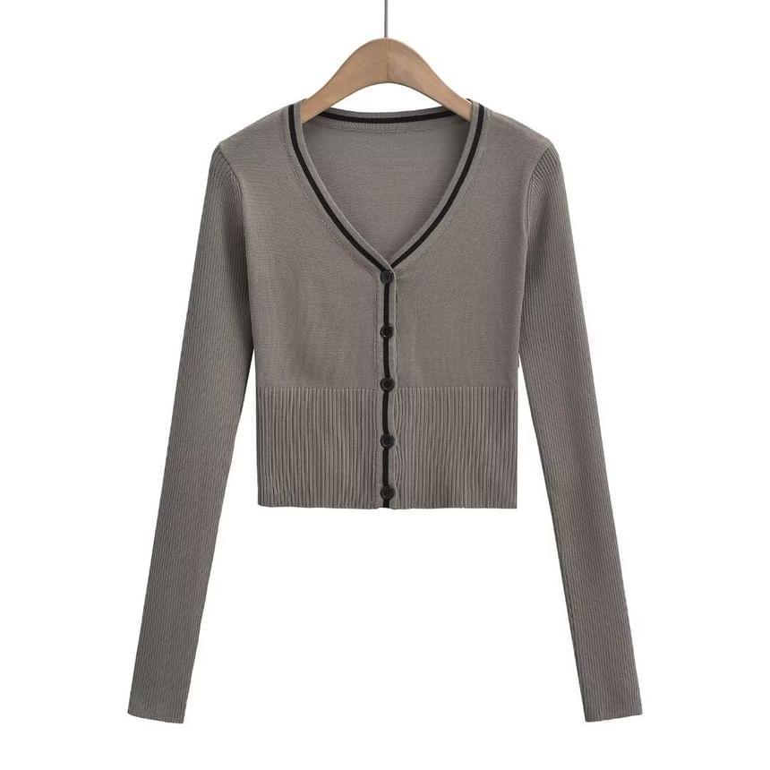 V-Neck Contrast Trim Button-Up Cardigan Product Image