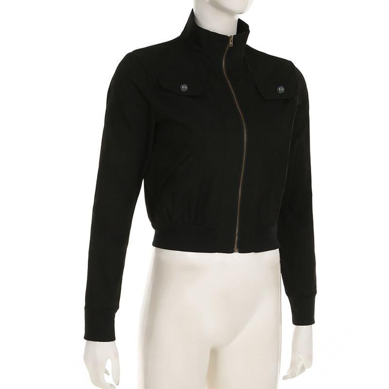 Stand Collar Plain Crop Zip Jacket Product Image