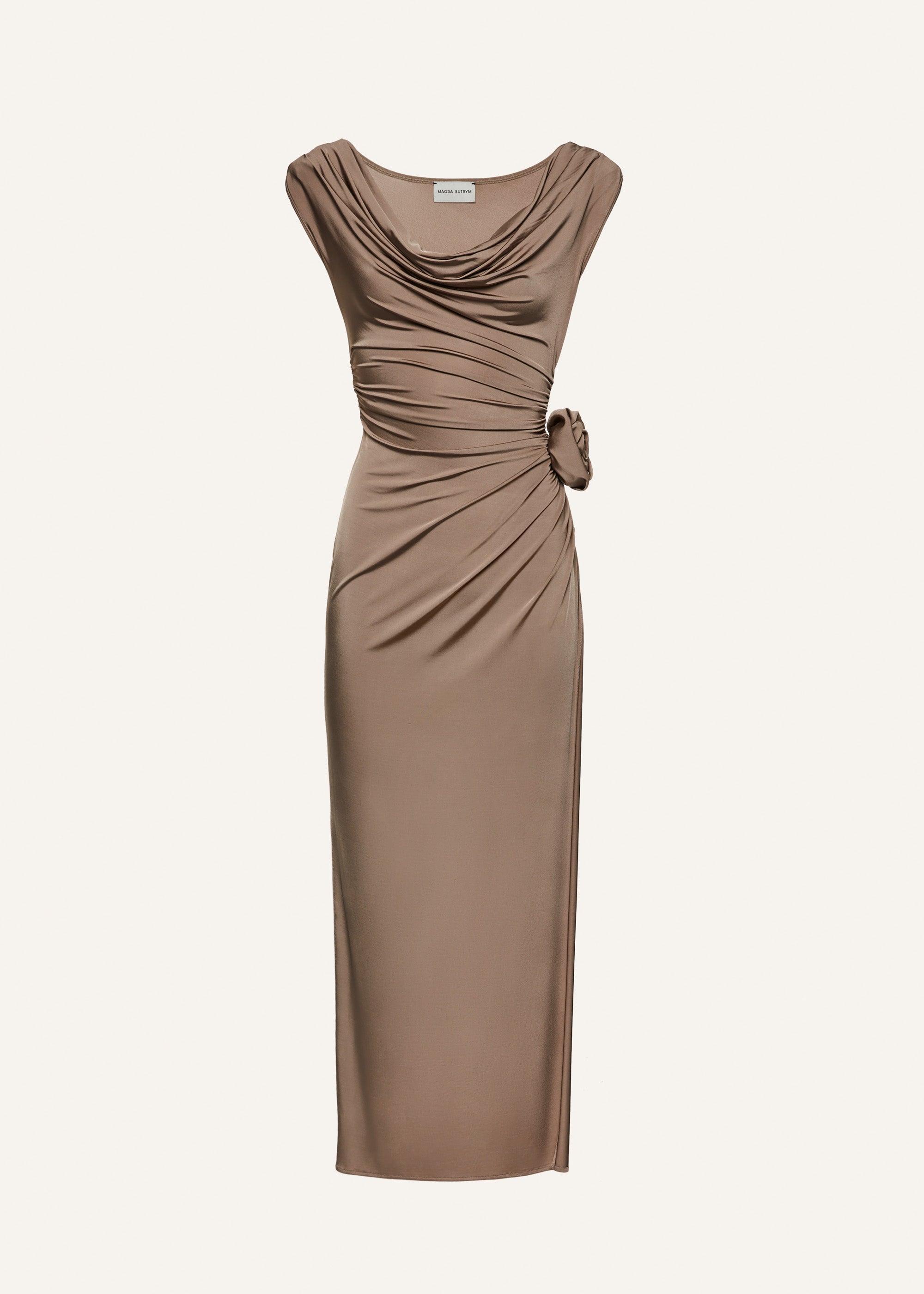 Cowl neck jersey midi dress in beige Product Image