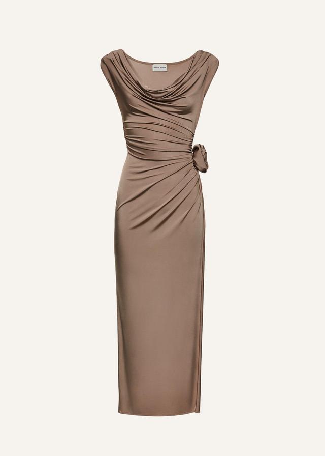 Cowl neck jersey midi dress in beige Product Image