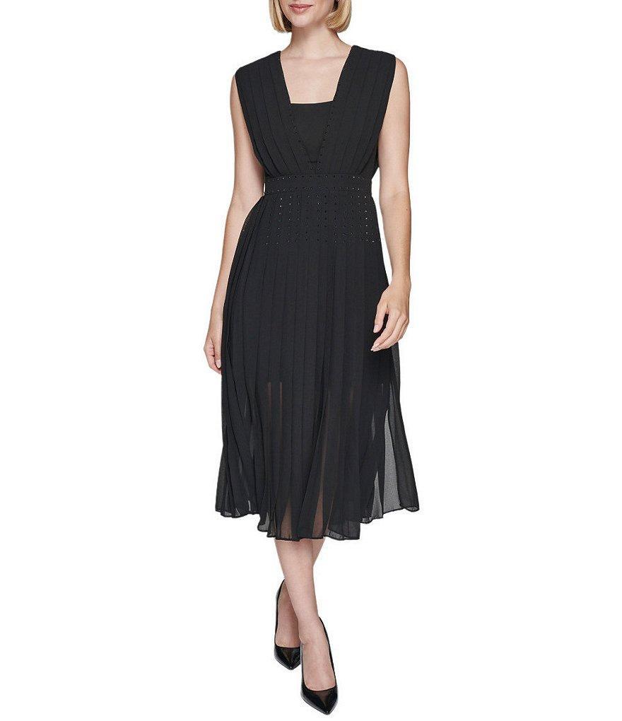 KARL LAGERFELD PARIS Pleated Chiffon Deep Square Neck Sleeveless Midi Dress Product Image