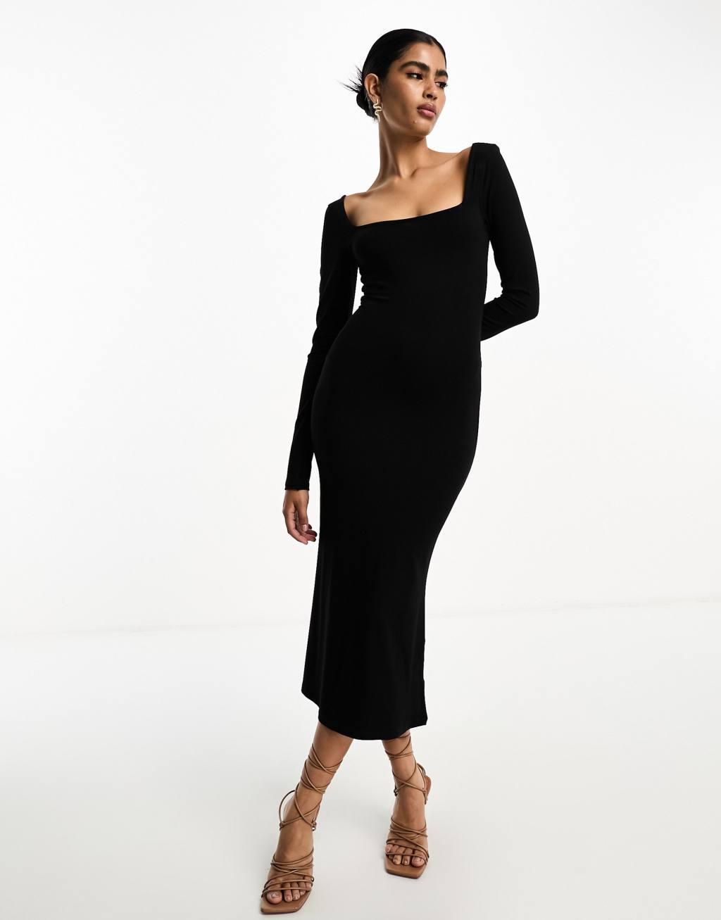 ASOS DESIGN square neck softline long sleeve midi dress in black Product Image