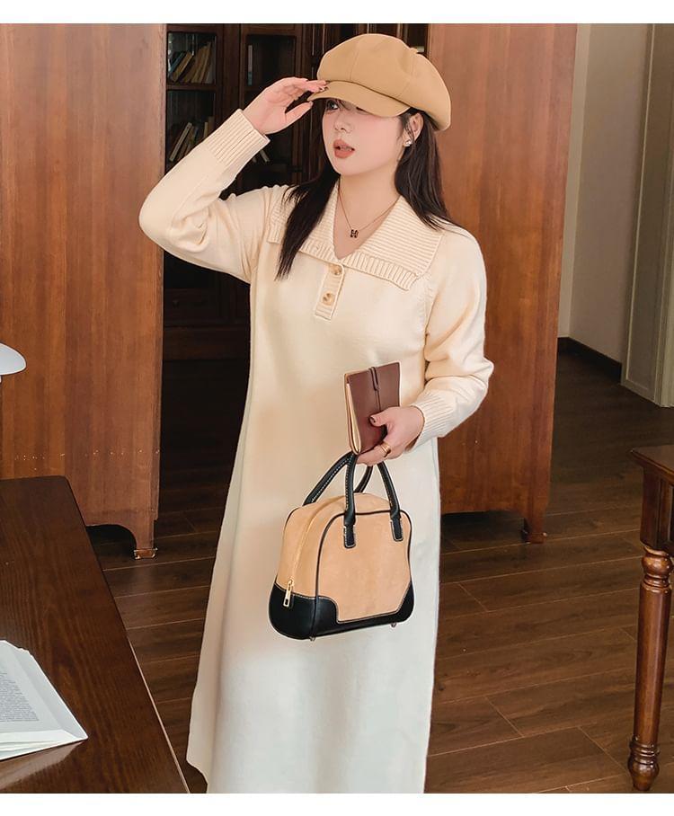 Long-Sleeve Polo-Neck Plain Midi Knit Dress Product Image