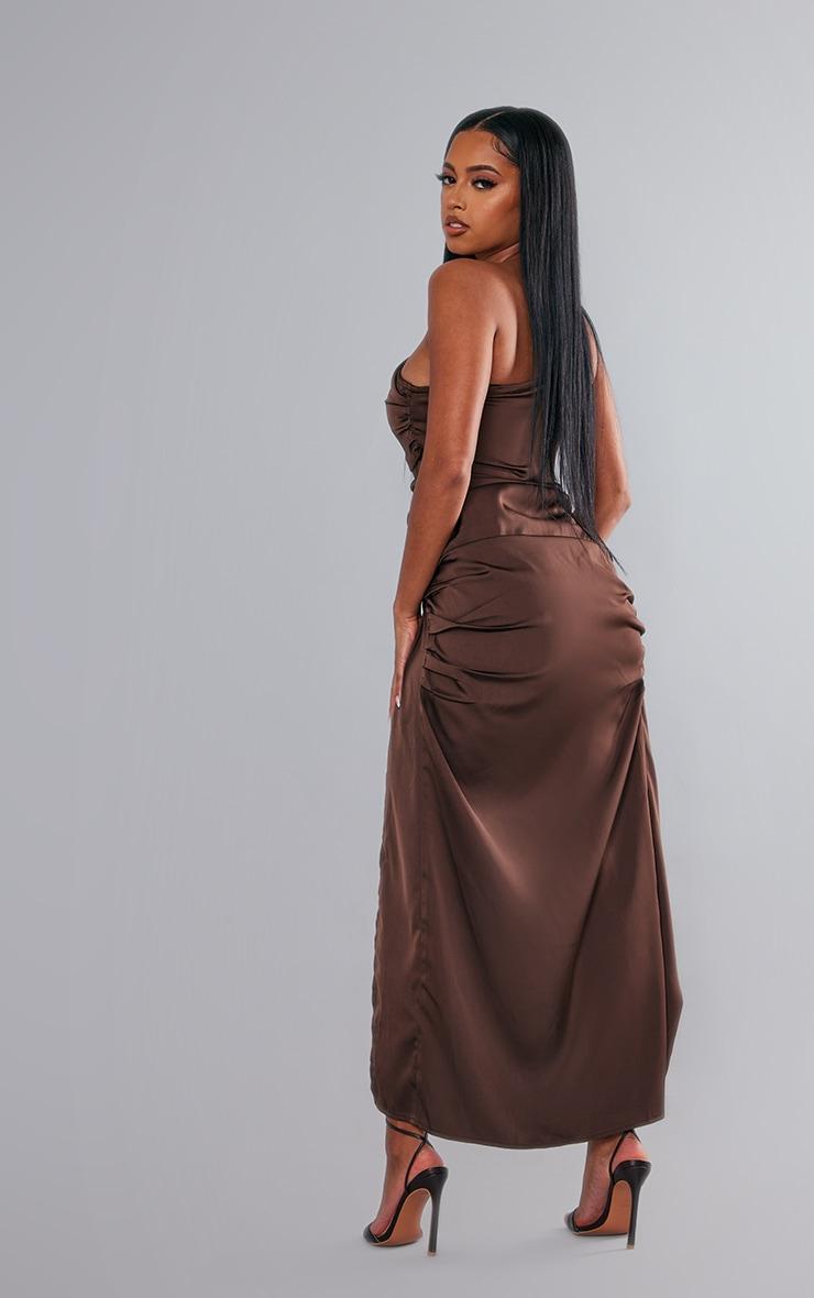 Chocolate Brown Satin One Shoulder Ruched Split Midaxi Dress Product Image