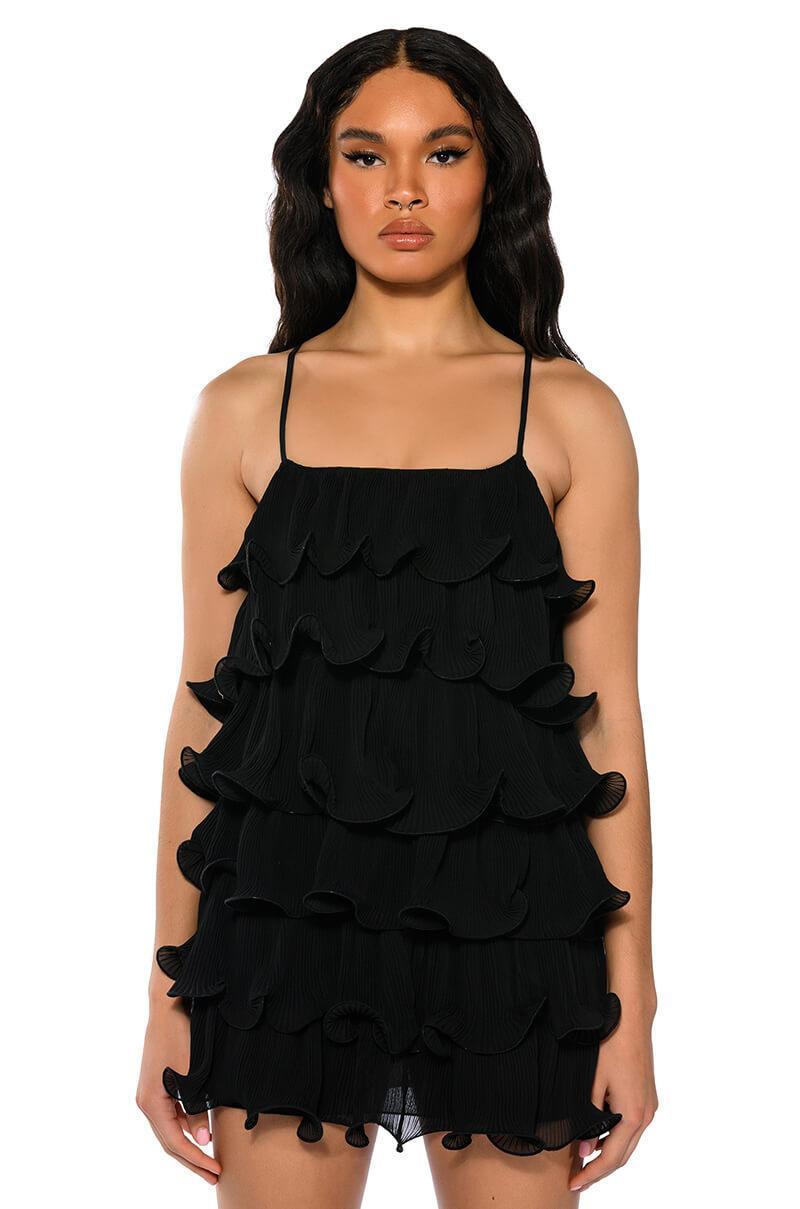 SWEETIE PLEATED RUFFLE SLEEVELESS MINI DRESS IN BLACK Product Image