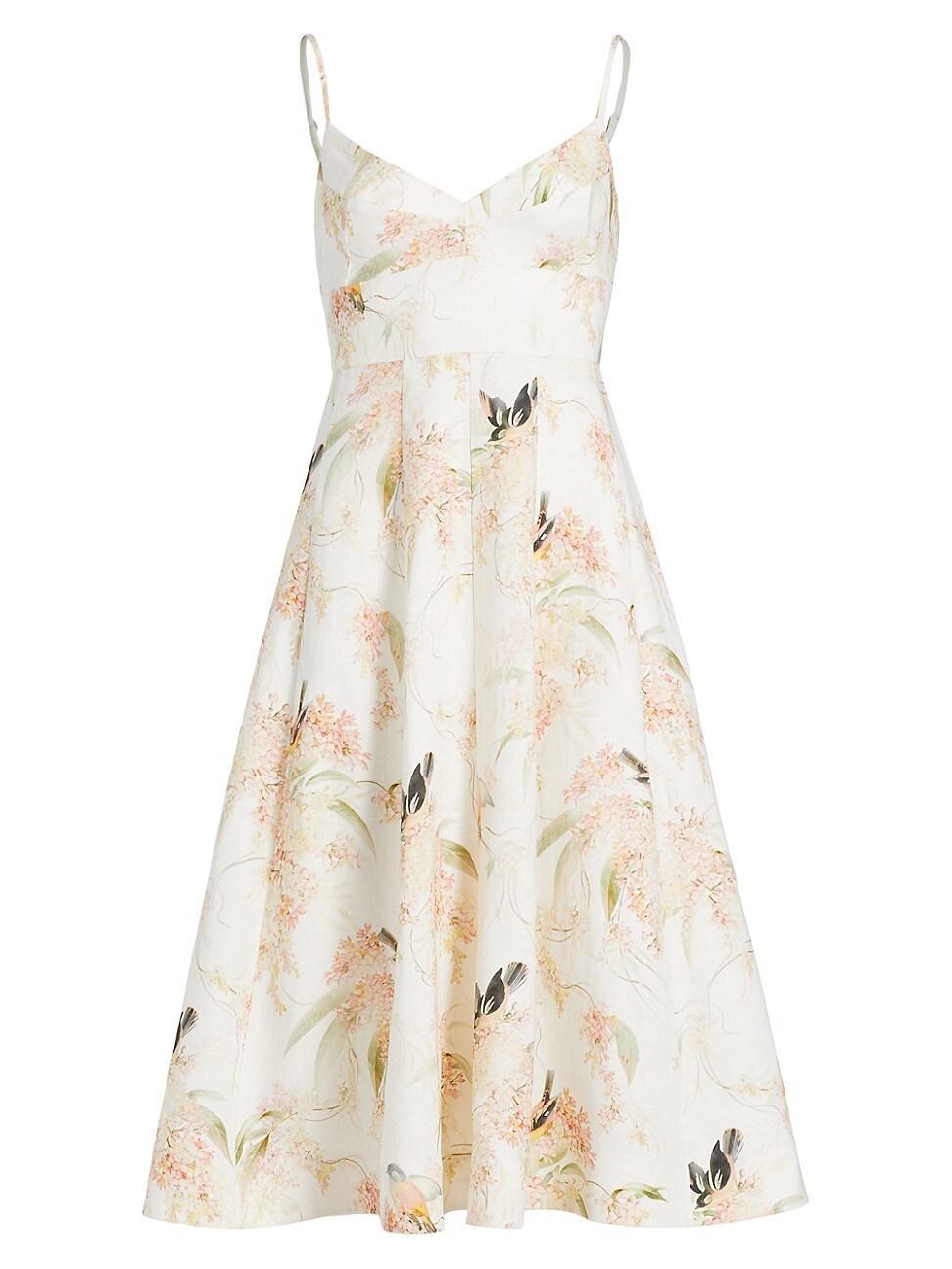 Womens Bird-Print Linen Fit & Flare Midi-Dress product image