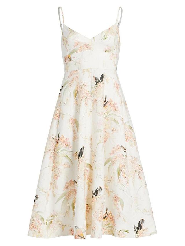 Womens Bird-Print Linen Fit & Flare Midi-Dress Product Image