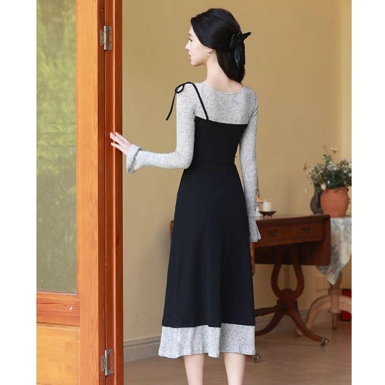 Long Sleeve Round Neck Mock Two Piece Midi A-Line Dress Product Image