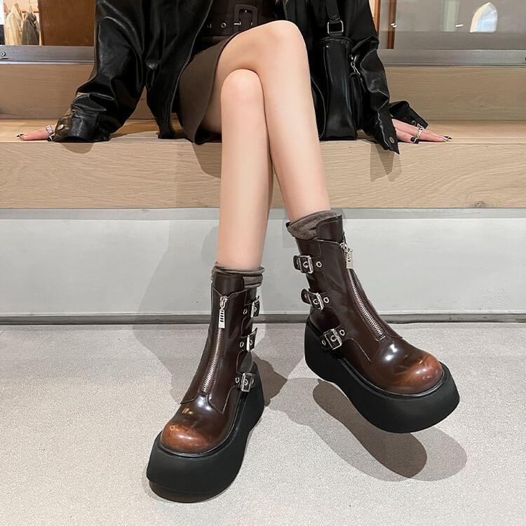 Platform Plain Buckled Short Boots Product Image