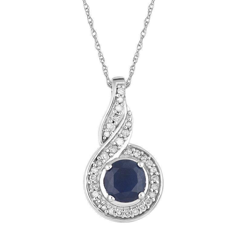 10k White Gold Sapphire & 1/10 Carat T.W. Diamond Twist Halo Pendant, Womens Blue Product Image