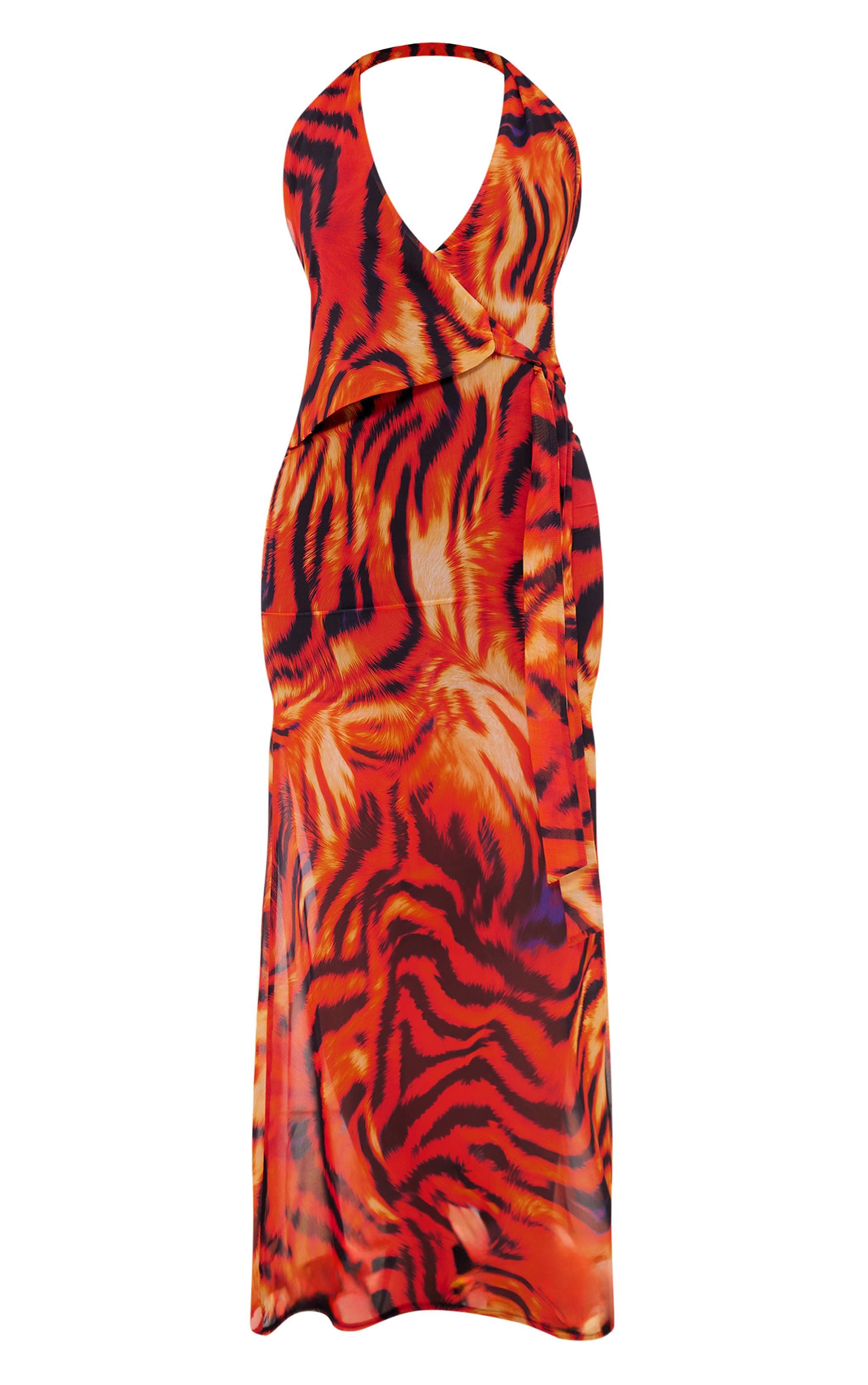 Orange Print Chiffon Wrap Maxi Dress Product Image