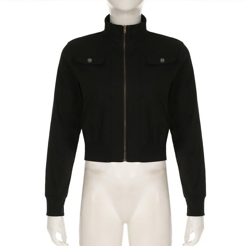 Stand Collar Plain Crop Zip Jacket Product Image