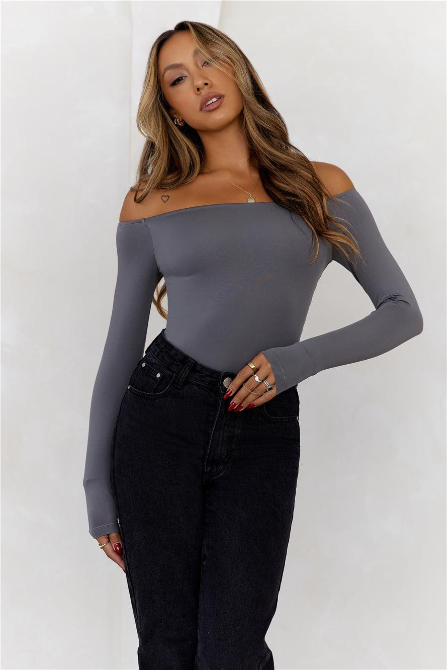 HELLO MOLLY BASE Flawless Off Shoulder Long Sleeve Top Charcoal Product Image